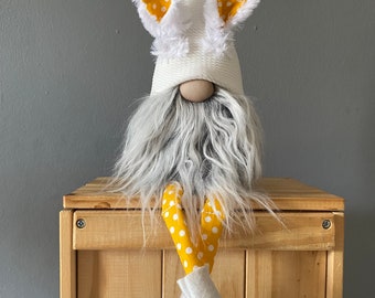 Bunny Nordic Gnome- with with yellow polka dot  accents  with furry ears and bunny boots , Easter decoration