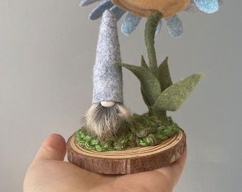 Flower and Gnome fairy landscape wood slice ,  light dusty blue colored flower E