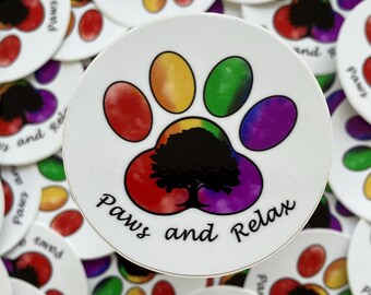 Paws and Relax Rainbow Paw Print Circular Sticker