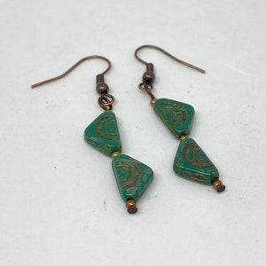 Green Czech Glass Dangle Earrings: Geometric Copper Jewelry