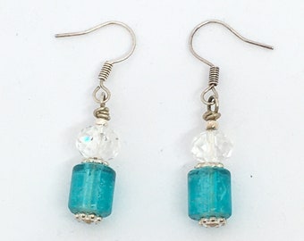 Blue crackle glass earrings, crystal glass, blue and white glass earrings, gift for her, blue dangle earrings