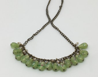 Vintage Lampwork Bead Necklace: Green Floral Glass, Brass Chain