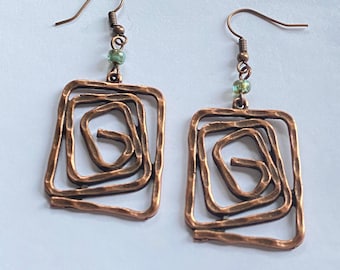 Antique copper spiral earrings, statement dangle earrings, copper and green, boho vibe earrings, jewellery for her, gift for her
