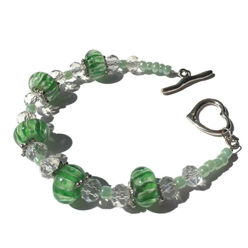 jewellery gift for her green and white bracelet Green lampwork beaded bracelet crystal beads