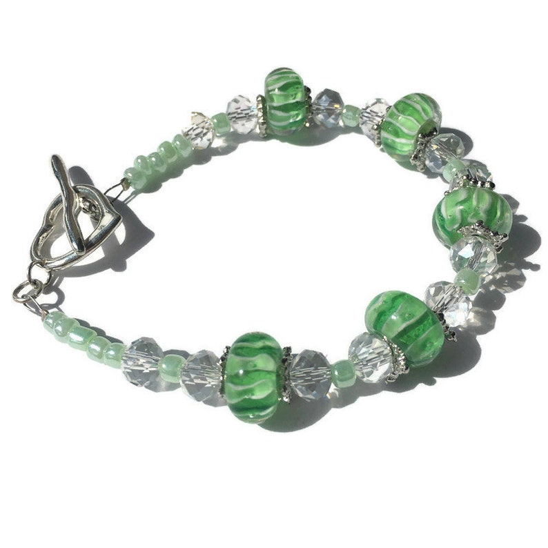 jewellery gift for her green and white bracelet Green lampwork beaded bracelet crystal beads