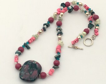 Pink and green beaded necklace, ceramic bead necklace, Swarovski crystal, jewellery for her