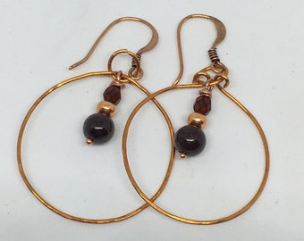 Hammered hoop garnet earrings, hoop and dangle earrings, January birthstone, jewellery for her, gift for her