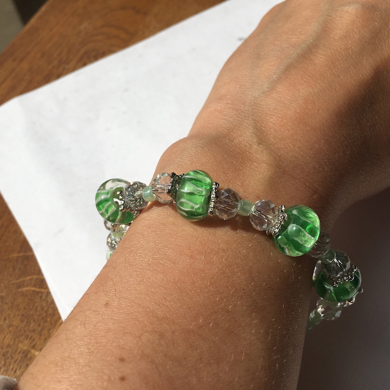 jewellery gift for her green and white bracelet Green lampwork beaded bracelet crystal beads
