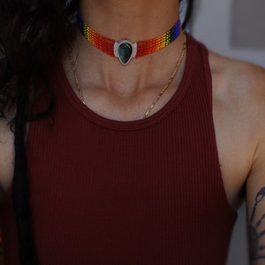 Rainbow GoddessChoker, rainbow beaded crystal choker, adjustable length, crystal beads and a ceramic rainbow on the back!