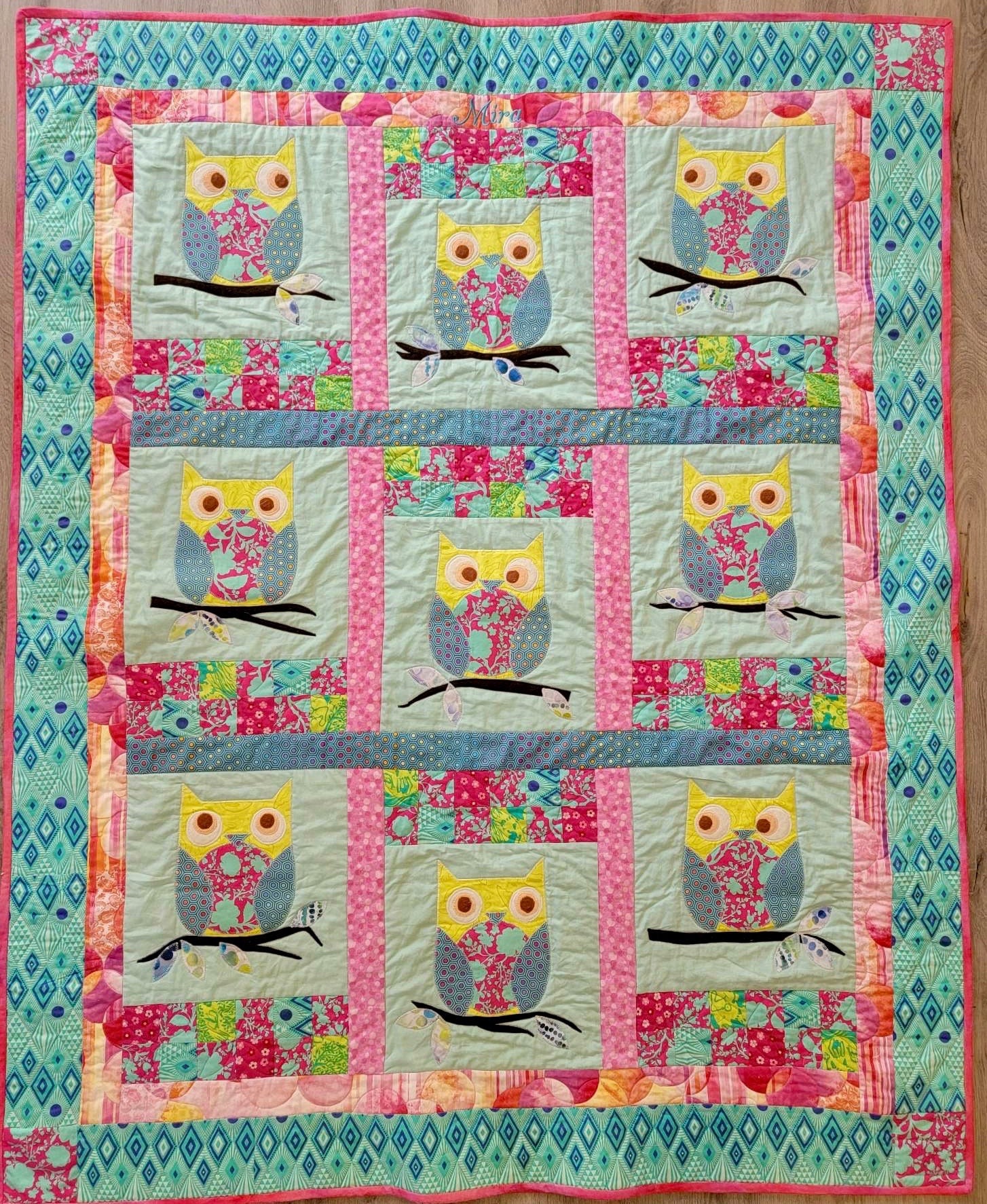 Tula Pink handmade custom baby quilt blanket Owls