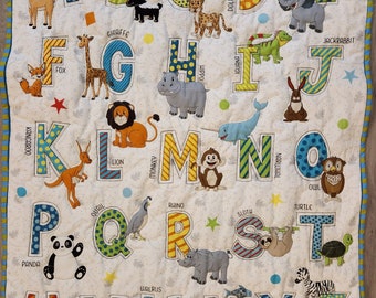 Custom handmade baby nursery quilt Alphabets.