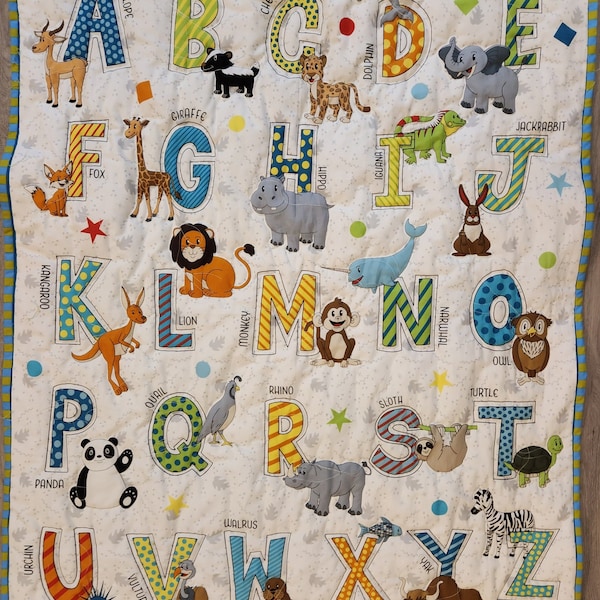 Custom handmade baby nursery quilt Alphabets.