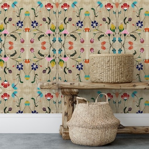 May include: A wooden bench with two woven baskets, one round and one oval, in front of a wall with a floral pattern. The floral pattern is in shades of pink, blue, green, yellow, and red.