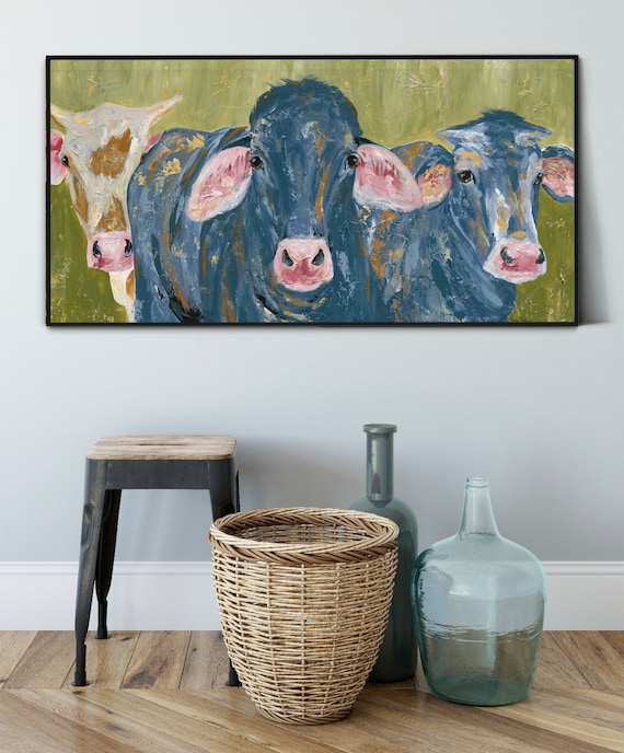 Girls | Framed Cow Painting | Modern Farmhouse Decor | Farm Animal Print