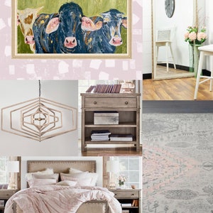 May include: A bedroom interior design inspiration board with a pink and white patterned wall, a framed painting of three cows, a large gold framed mirror, a wooden nightstand with shelves, a beige upholstered bed with a pink patterned duvet, a gray and pink patterned rug, and a geometric chandelier.