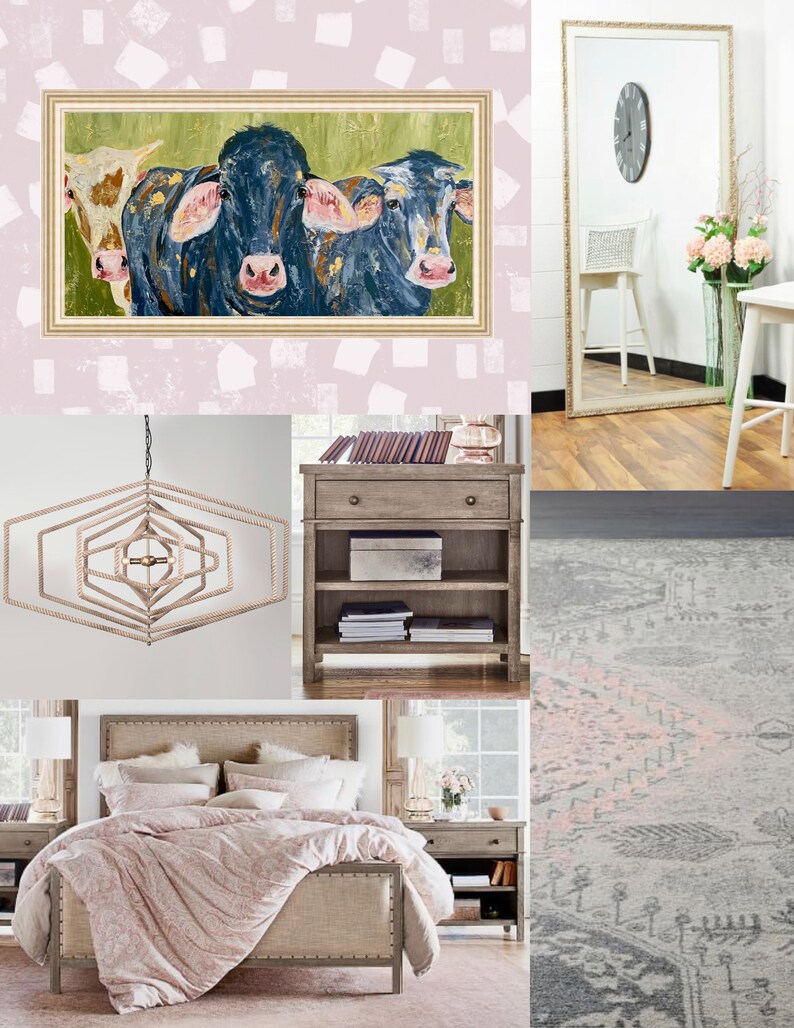 May include: A bedroom interior design inspiration board with a pink and white patterned wall, a framed painting of three cows, a large gold framed mirror, a wooden nightstand with shelves, a beige upholstered bed with a pink patterned duvet, a gray and pink patterned rug, and a geometric chandelier.