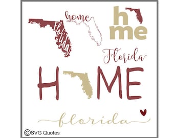 May include: A white square design featuring the word "HOME" with the state of Florida incorporated into the letters. The word "Florida" is also written in cursive. The design includes a small heart and the text "SVG Quotes".
