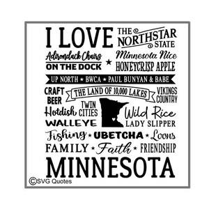 May include: Black and white graphic design with the text "I Love Minnesota" and a list of things associated with the state, including "Adirondack Chairs", "Honeycrisp Apple", "Wild Rice", "Fishing", "Ubetcha", "Loons", "Family", "Faith", and "Friendship".