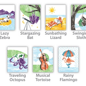 A reference of additional art prints available in the colorful set: lazy zebra, stargazing bat, sunbathing lizard, swinging sloth, traveling octopus, musical tortoise, rainy flamingo