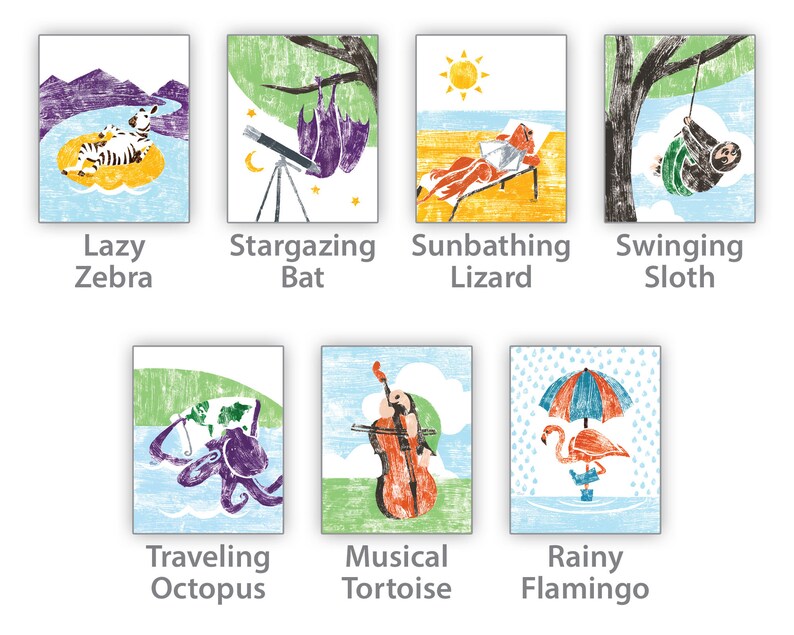 A reference of additional art prints available in the colorful set: lazy zebra, stargazing bat, sunbathing lizard, swinging sloth, traveling octopus, musical tortoise, rainy flamingo