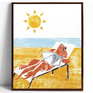 An art print of an orange bearded dragon lizard sunbathing beneath a yellow sun on a beach of yellow sand
