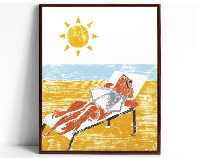 An art print of an orange bearded dragon lizard sunbathing beneath a yellow sun on a beach of yellow sand
