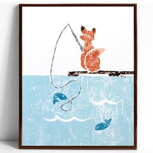 An art print of an orange fox holding a fishing rod with a line cast into light blue water where two aqua fish swim