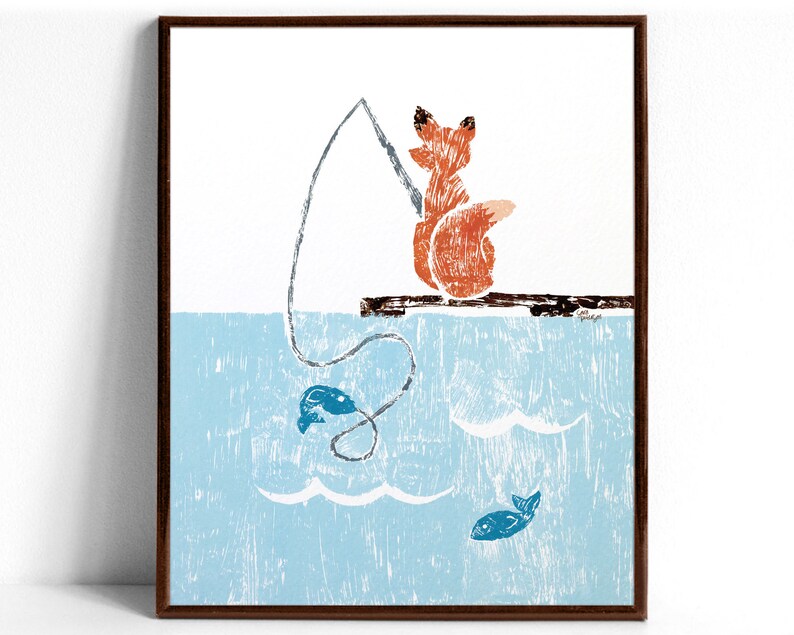 An art print of an orange fox holding a fishing rod with a line cast into light blue water where two aqua fish swim