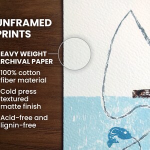 Unframed prints. Heavy weight archival paper: 100% cotton fiber material; cold press textured matte finish; acid-free and lignin-free.