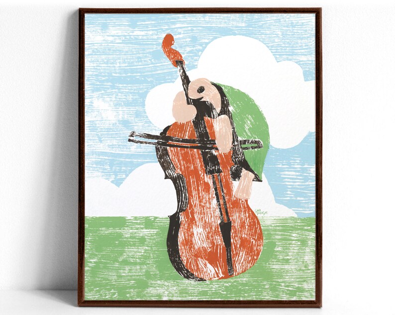 An art print of a musical tortoise playing an orange cello in a field of green grass as white clouds float over a baby blue sky