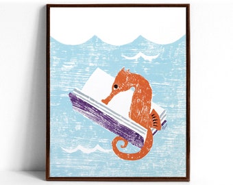 Reading Seahorse Print, Whimsical Animal Art