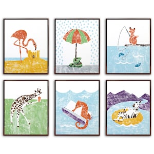 A set of 6 colorful whimsical animal art prints painted in a textured style resembling the abstract look of printmaking: a creative flamingo, a snake in the rain, a fishing fox, a funny giraffe, a reading seahorse, and a lazy zebra