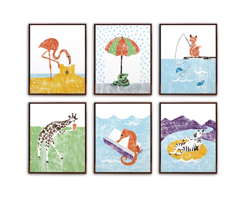A set of 6 colorful whimsical animal art prints painted in a textured style resembling the abstract look of printmaking: a creative flamingo, a snake in the rain, a fishing fox, a funny giraffe, a reading seahorse, and a lazy zebra