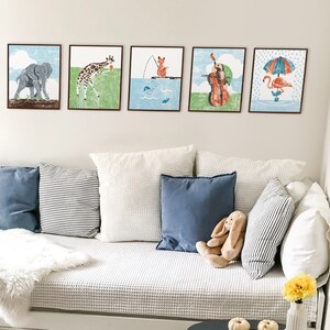 An example of 5 colorful whimsical animal art prints displayed in thin brown frames hanging on a wall