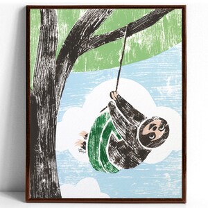 An art print of a happy brown sloth swinging from a tree in a green tire swing as white clouds float over a baby blue sky