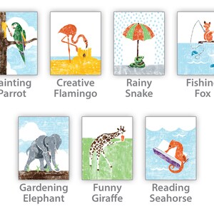 A reference of the art prints available in the colorful set: painting parrot, creative flamingo, rainy snake, fishing fox, gardening elephant, funny giraffe, reading seahorse