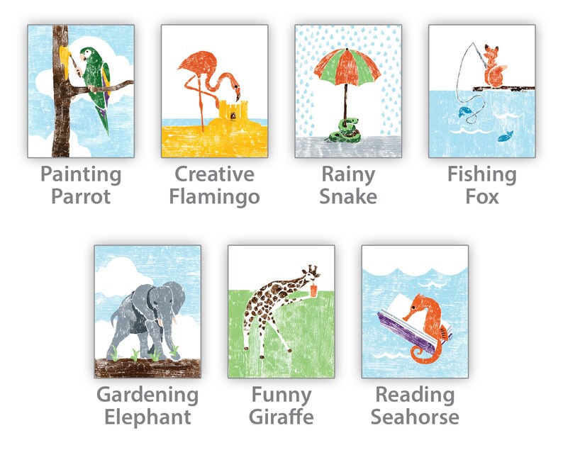 A reference of the art prints available in the colorful set: painting parrot, creative flamingo, rainy snake, fishing fox, gardening elephant, funny giraffe, reading seahorse