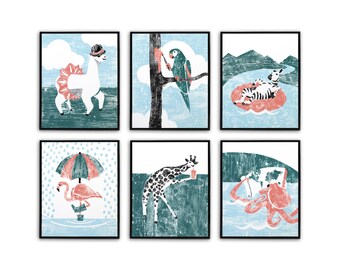 Whimsical Animal Art, Teal & Coral Set of Prints