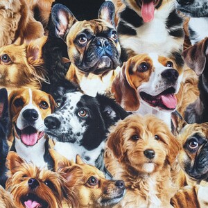 Puede incluir: Un patrón colorido de varias razas de perros, incluyendo un bulldog francés, un beagle, un golden retriever, un border collie blanco y negro y un labrador negro.