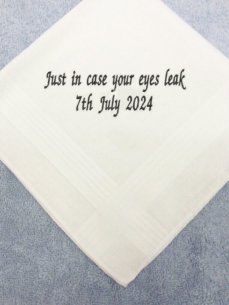 Wedding handkerchief men hankie just in case eyes leak groom husband father personalise gift present fun keepsake custom message embroidered image 1