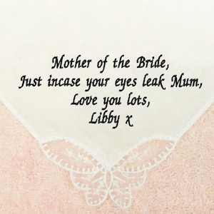 Pañuelo de boda para dama, pañuelo de novia, estuche para madre novia, regalo personalizado, recuerdo, mensaje personalizado bordado con cariño para mujer