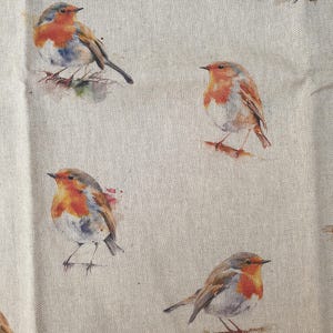 Könnte beinhalten: Ein hellbeiger Stoff mit einem sich wiederholenden Muster aus im Aquarellstil gemalten Rotkehlchen. Jeder Vogel ist mit einer orange-roten Brust, braunen Flügeln und einem grau-weißen Bauch dargestellt und sitzt in verschiedenen Posen.