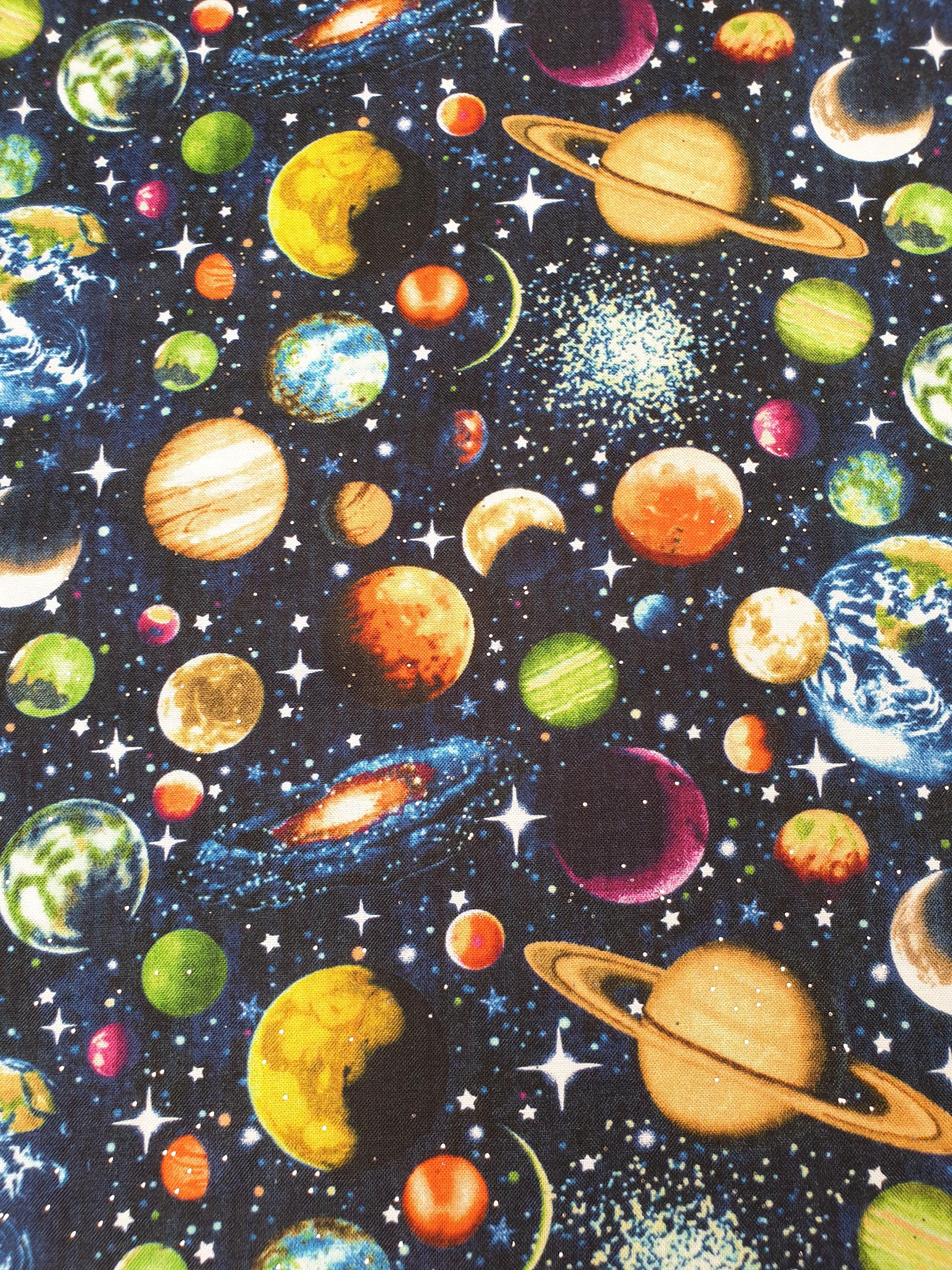 宇宙柄生地 英国製 綿100% メートル単位 惑星 太陽系 太陽 月 星 月