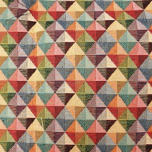 Colourful Cubes fabric UK 80/20% Cotton Polyester Mix Metre Pieces Material Patchwork Shapes Triangles Multi-coloured Rainbow Red Blue Green