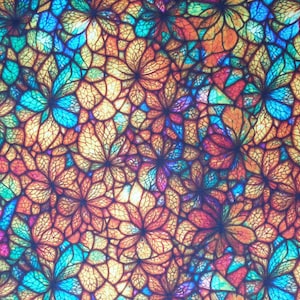 May include: A colourful floral pattern with a mosaic of stylized flowers in shades of orange, yellow, blue, and red. The design has a stained-glass effect, with dark outlines defining each petal and leaf.