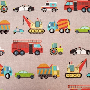 May include: A fabric design featuring a repeating pattern of colourful vehicles on a pale grey backdrop. The pattern includes cars, lorries, fire engines, ambulances, tractors, and construction vehicles. The vehicles are evenly spaced across the material.