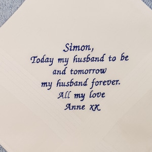 Husband to be embroidered wedding hankie/handkerchief, for the groom from his bride, future wife.