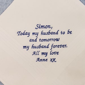 Husband to be embroidered wedding hankie/handkerchief, for the groom from his bride, future wife.