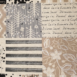 Può includere: Un tessuto patchwork con diversi motivi. I motivi includono un disegno floreale grigio e bianco, un motivo a righe bianco e nero, un motivo geometrico marrone e bianco e un motivo floreale marrone e bianco. Il tessuto include anche un testo scritto a mano in francese che dice "Comment ça va. La Vie Cout belle La Vie Entourée De P Votre Sawé Détendez-vous ent ça va. Dansons! belle C komnent Ça va. la Vie Confor Belle La Vie Ewoirée De Fle A Vorre Santé Détendez-vi Ça va. Dansons! belle Comn Celle La Vie EntCURÓ DO Flow"