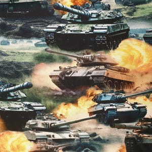 May include: A close-up of several military tanks in a field. The tanks are camouflaged in green, brown, and black. Some of the tanks are firing, and there is smoke and fire in the background.